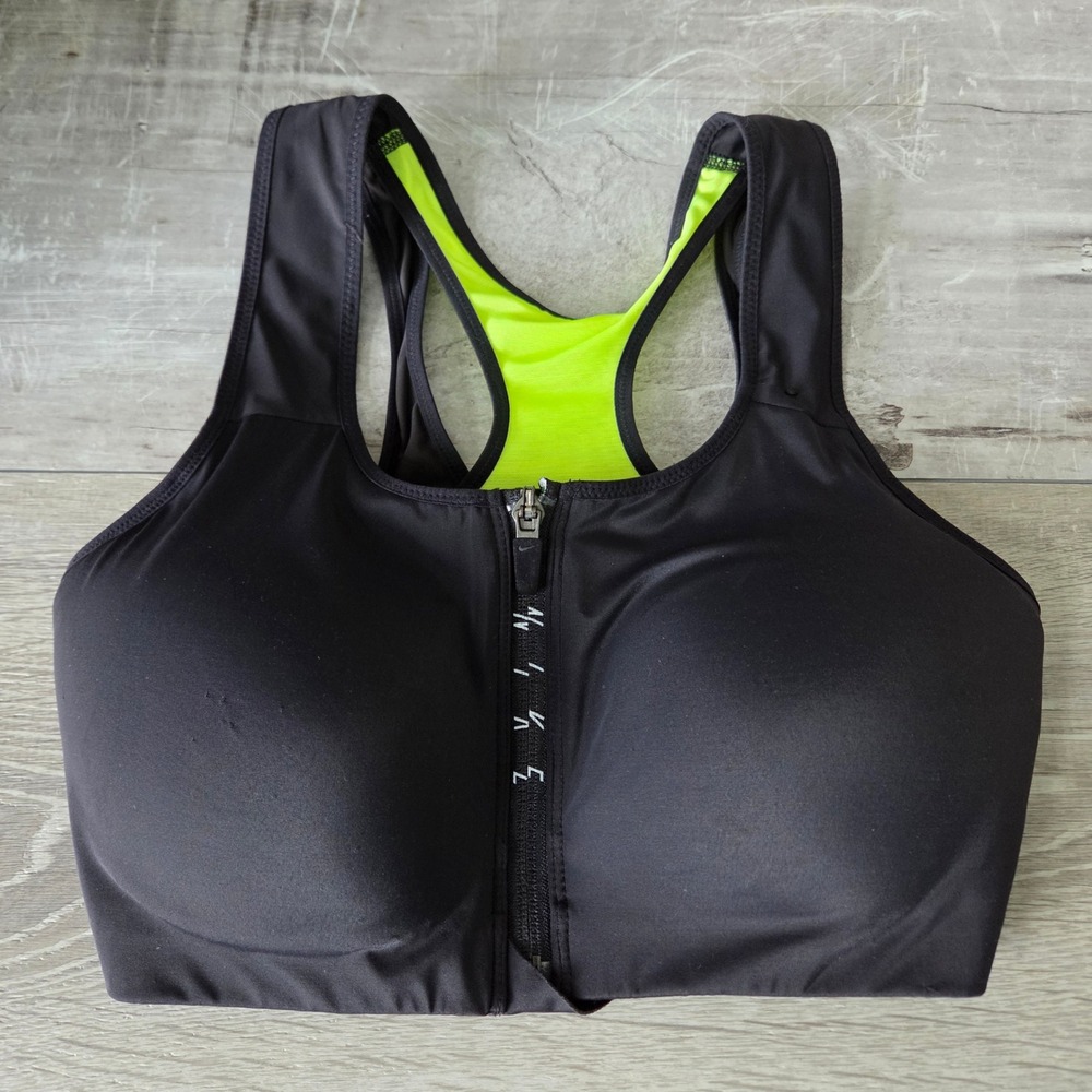 Nike Dri-FIT Front Zip Sports Bra Womens M Black Neon Green 858429-010 Nylon